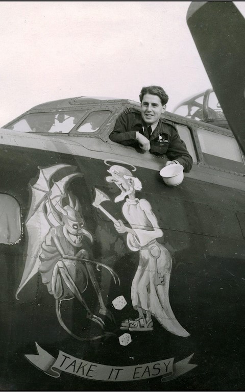 Wing Commander John Wynne in the cockpit of his B-17 Fortress bomber